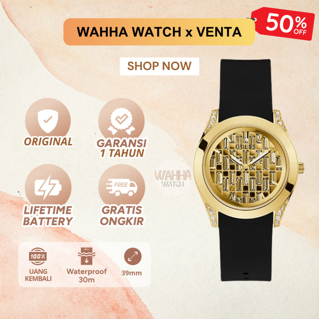 Jam Tangan Analog Wanita Guess  Clarity GW0109L1 Ladies Glitz Champagne Dial Black Silicone Strap  [