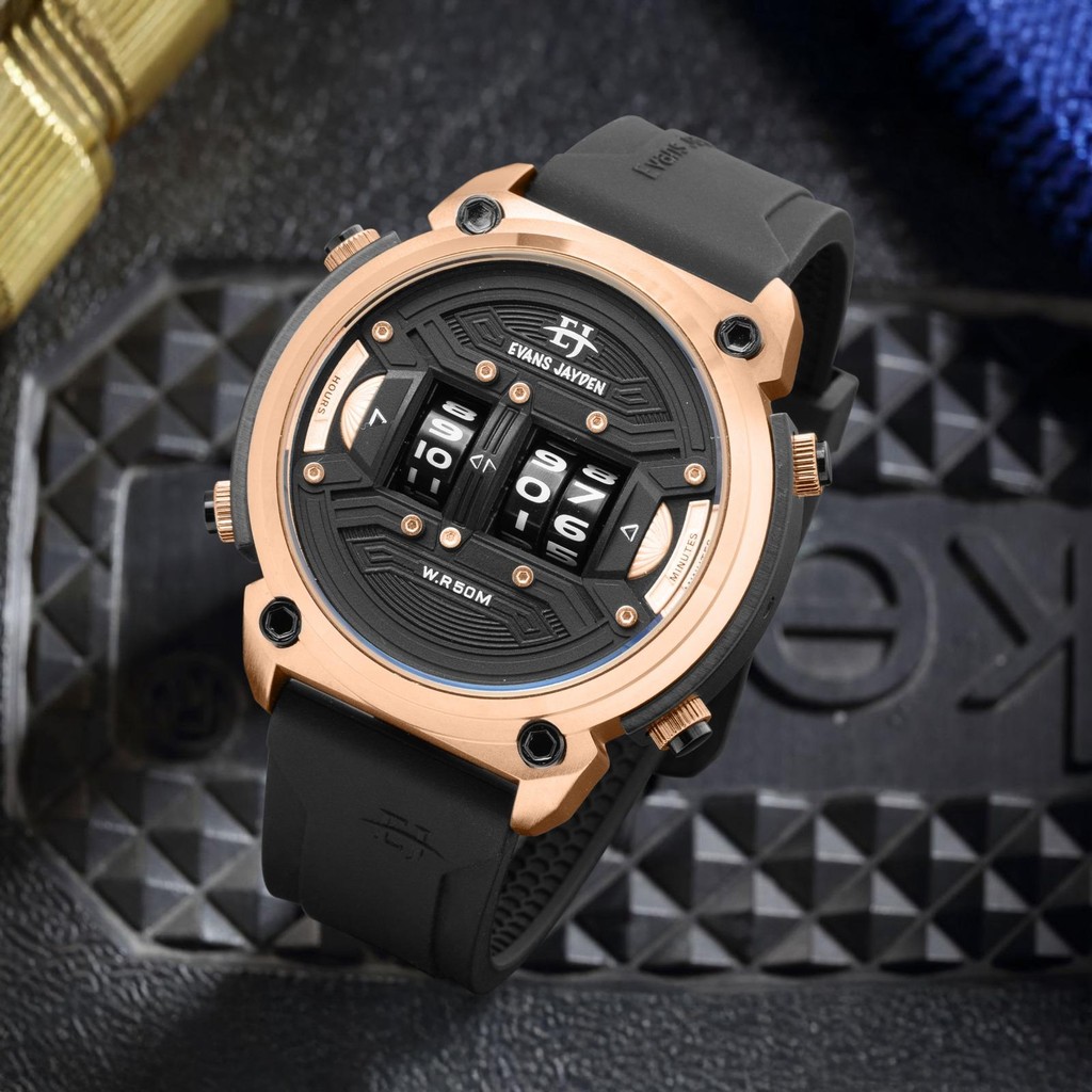 Buy 1 get 1  Evans Jayden Jam Tangan Pria 9594 Rubber Silicon Kaca Sapphire Chronograph Water Resist