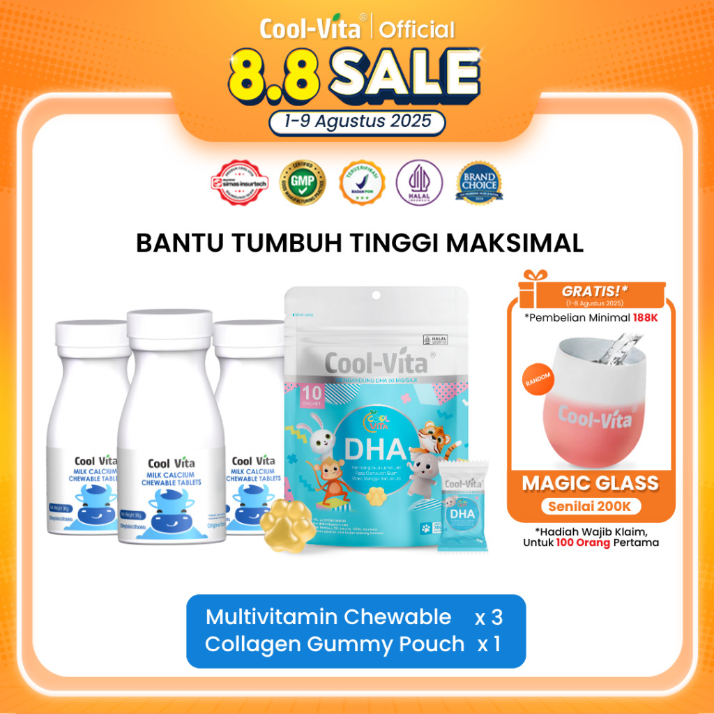 TINATAH Coolvita 3 Botol Calcium Chewable + 1 Pouch DHA Gummy | Tablet Kunyah Suplemen Kalsium Susu 