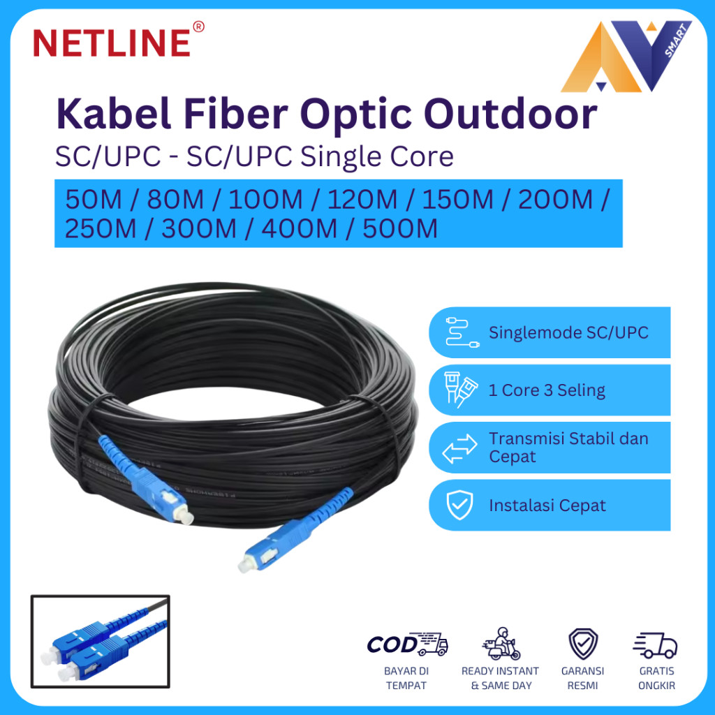 Netline Kabel Fiber Optic 1 Core SC UPC Outdoor FO FTTH Fiber Optik 50 / 80 / 100 / 120 / 150 / 200 