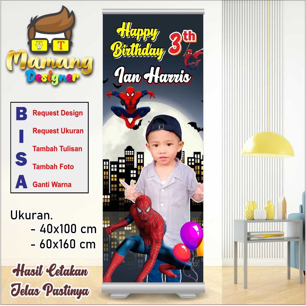backdrop Design Banner Spanduk MMT Ulang Tahun Anak Dengan Motif Spiderman bb