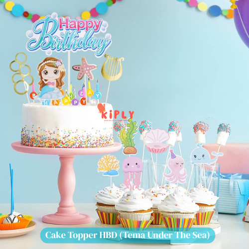 Cake Topper Happy Birthday Under The Sea / Topper Kue Ulang Tahun Tema Mermaid, Ikan, & Laut