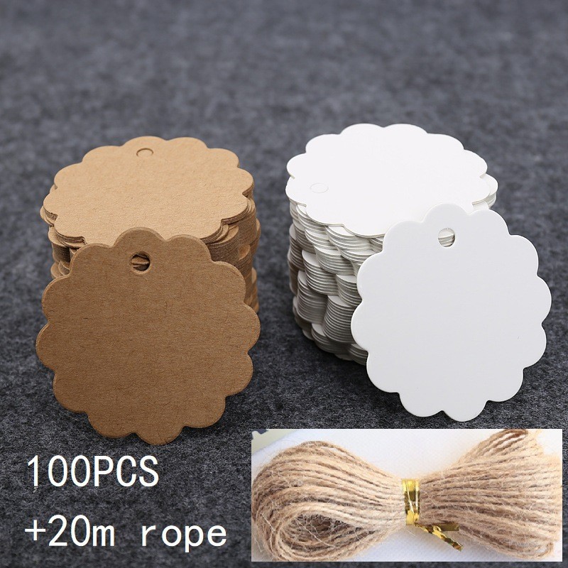 

100pcs 6cm Round Lace Edge Kraft Paper Tags Card Labels with Rope Product Price Marks Garment Tag Shoes Bags Decor Accessories