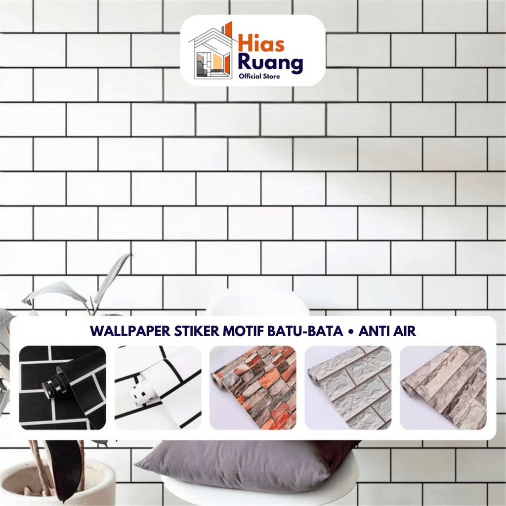 [16 Motif] Wallpaper Sticker Dinding Motif Batu/Bata Modern 8m x 45cm Kotak Garis Merah Daun HIjau K