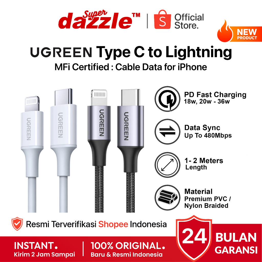 [ TERLARIS ] UGREEN Kabel Data iPhone Original 100% Type C to Lightning MFi PD 20W 30W 36W Original 