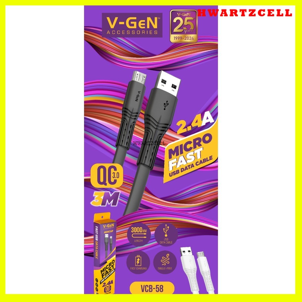 [HWARTZ] Kabel Data MicroUSB V-GeN VCB-58 Fast Charging 2.4A Micro USB Kabel Gepeng 3 Meter