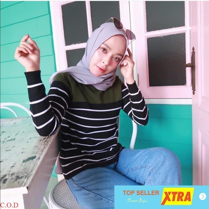 Pusat Baju Blouse combi strip Army RO Blouse wanita rajut premium hijau army Supliyer Fashion
