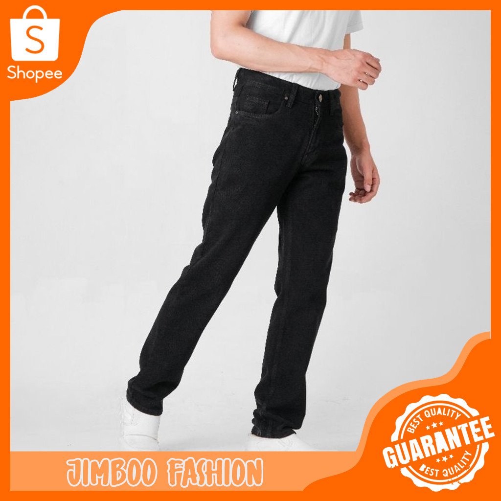 CELANA JEANS PRIA REGULER STANDAR HITAM BAHAN ADEM HITAM PEKAT