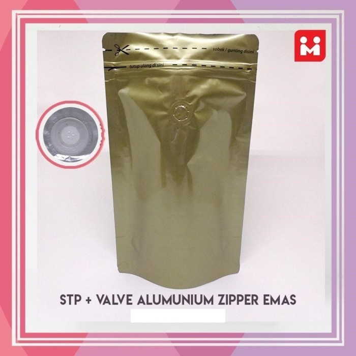 

Kemasan Kopi Standing Pouch Valve + Zipper Gold 250gr