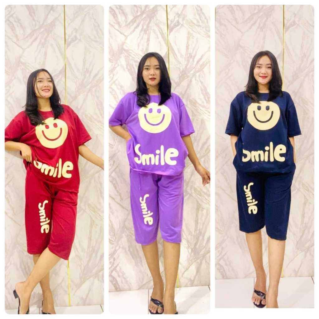 Neyda - LIKA SETELAN / Setelan Jumbo 3/4 Smile / KAOS WANITA / CELANA PENDEK MOTIF SMILE / SETELAN W