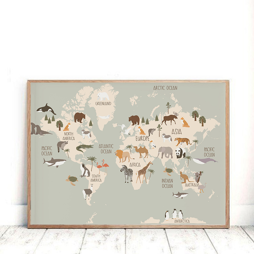Animal World Map Nursery Wall Art Canvas Painting Scandinavian Posters and Prints Cute Cartoon Anima