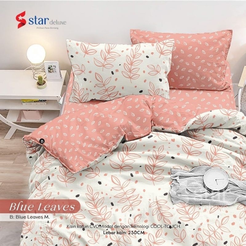 Sprei Anti Geser Katun Star Motif Blue Leaves Orange dan hijau sage