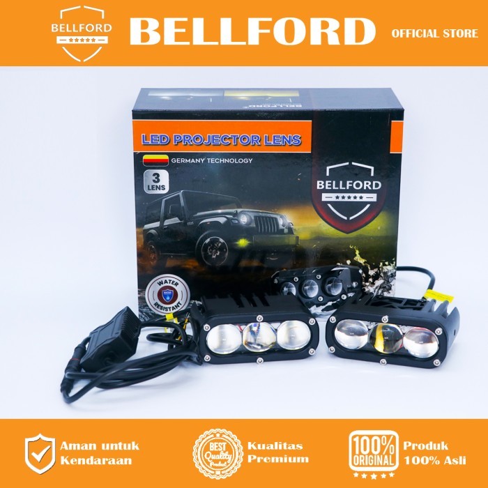 BELLFORD Mini Projie 3 Mata Blue Lens + Kipas / Lampu Sorot/ Tembak / Mini Bi-LED White Yellow