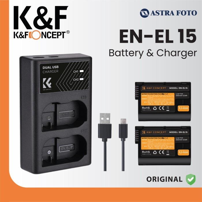 KNF Concept EN-EL15 Battery For Nikon EN-EL15A EN-EL15B Baterai + Charger Kit Z6 Z7 D780 D850 D810 V