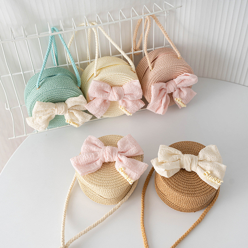 Fashionable Round Bucket Shoulder Bag For Children Tie Bow Coin Purse For Baby Casual Shopping Mini 