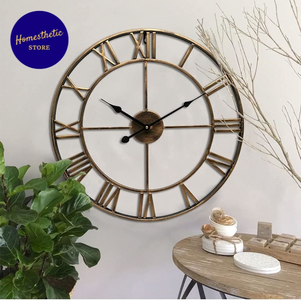 Jam Dinding Besi Metal Besar Bulat Quartz Creative Model Vintage Bergaya Retro Angka Romawi 60 cm 50