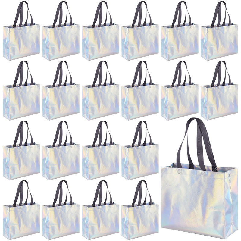 

5/20Pcs Laser Silver Gift Bag with Handles Christmas Gift Packaging Decor Birthday Wedding Treat Bag Bachelorette Party Supplies
