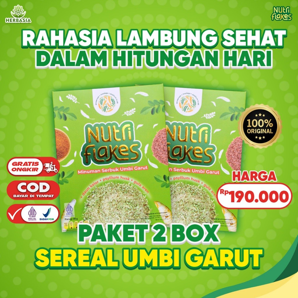 

Paket 2 Box Nutriflakes Makanan Sehat Sereal Sarapan Umbi Garut dan Daun Kelor Atasi Asam Lambung Gerd dan Diabetes Suplemen Diet