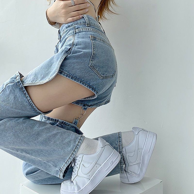 66TT Dress Darling LLJNZ001 Celana Jeans Robek Dua Potong Palsu Celana Jeans Desain Khusus Berpingga