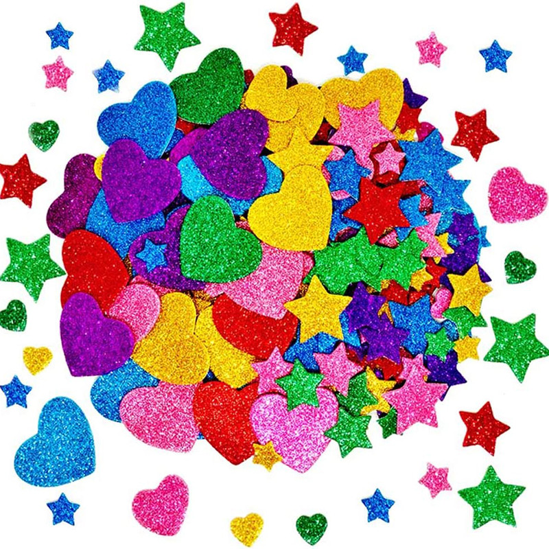 

50-250pcs Colorful Glitter Foam Stickers Self Adhesive Stars Hearts Kid's Arts Craft Supplies Greeting Cards Home Decoration Toy