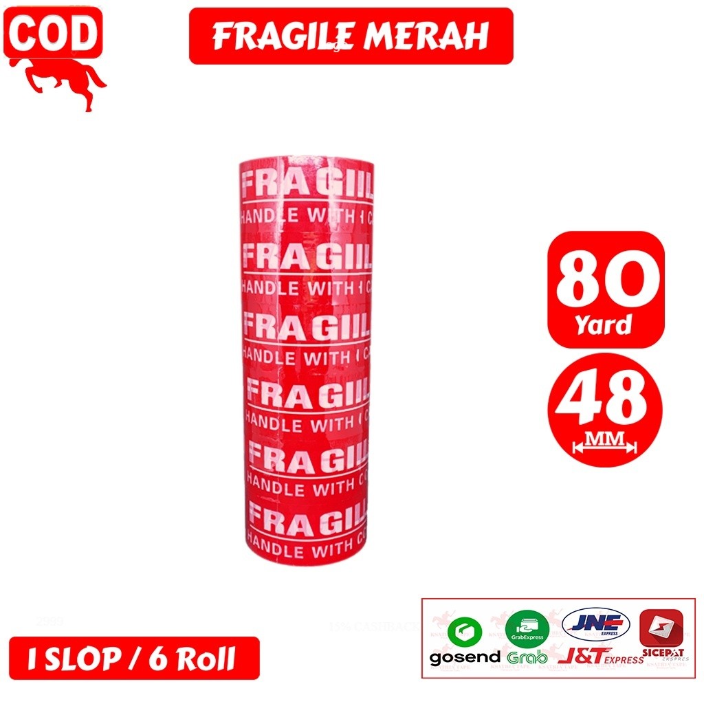 

Lakban OPP Tape / Lakban Fragile Merah KSATRIA Tape 80 Yard (1 Slop)