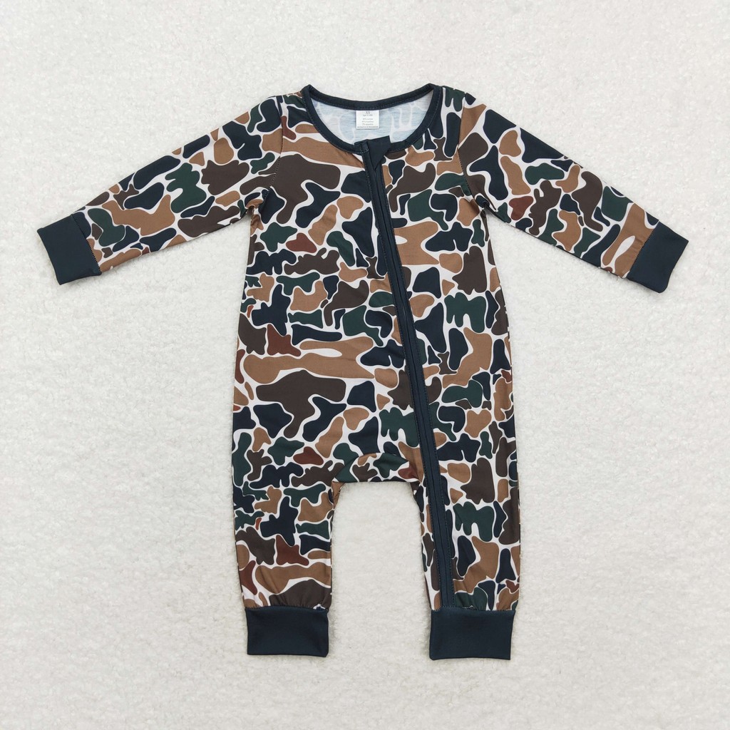LR1453 Wholesale baby rompers kids clothes boys bamboo camouflage zipper long-sleeved romper Summer 