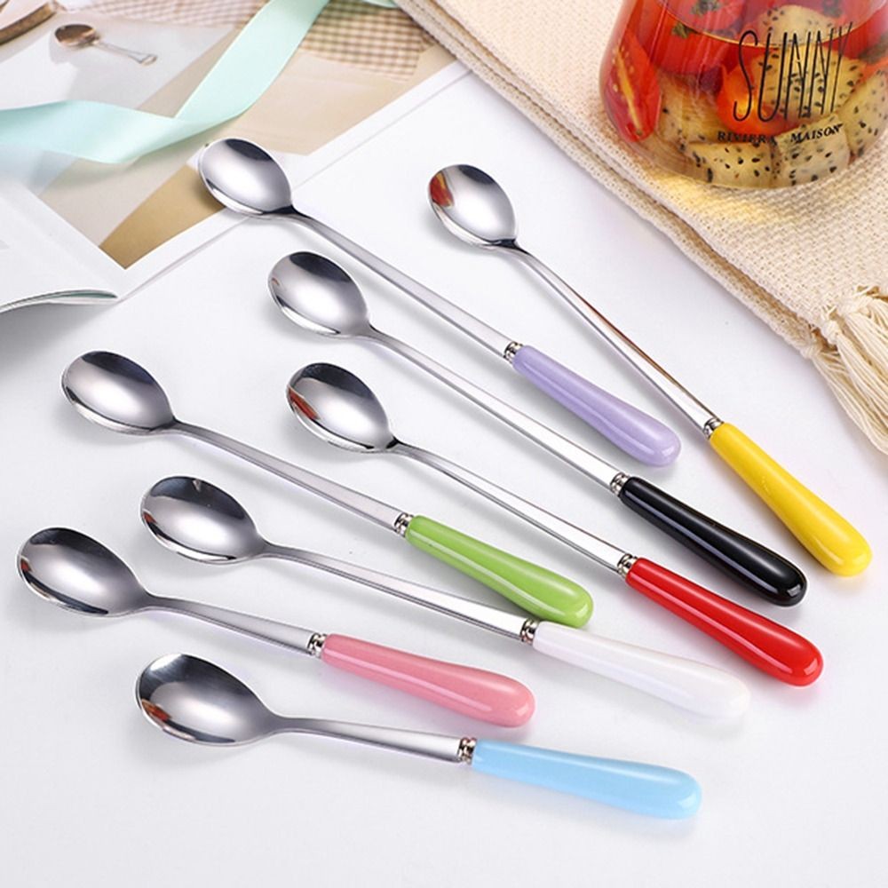 

Creative Stainless Steel Spoon Solid Color Simple Ceramic Handle Coffee Spoon Juice Tea Drink Stirring Rice Spoon Tableware Gift