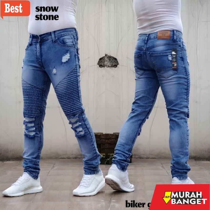 celana panjang pria yang lagi trend Celana Pria Jeans Bikers Hitam Polos Sobek Ripped