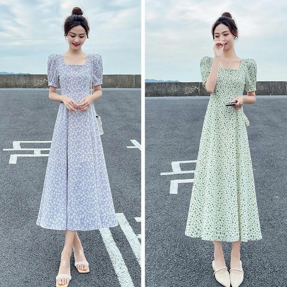 【OK】Pengiriman 24 Jam Baru Korea Midi Renda Boneka Kerah Gaun Bunga Slim