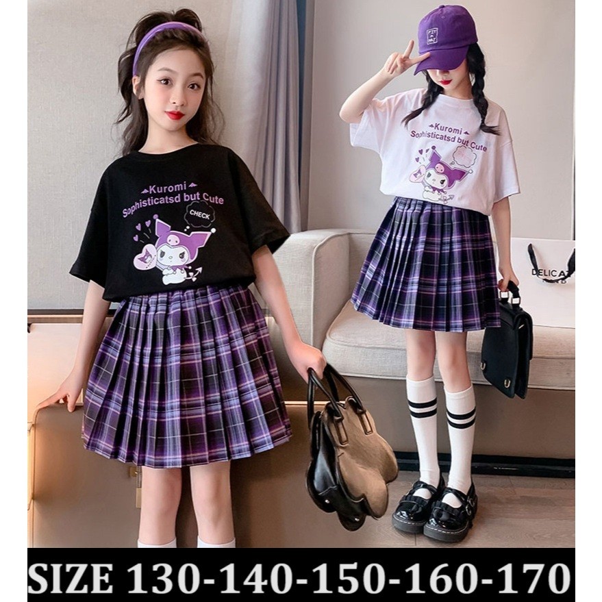 RB25T S024 Set Setelan 2pcs premium 2024 anak perempuan remaja wanita kuromi sanrio rok baju kaos 13