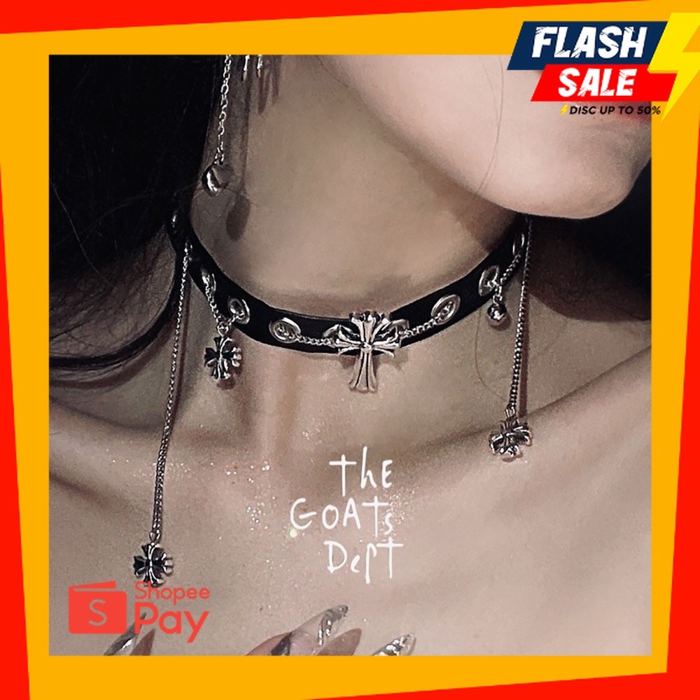 HALOWEEN 10.10 |  The Goats Dept - Black Chrome Cross Hearts Leather Chain Choker Necklace / tgd603 