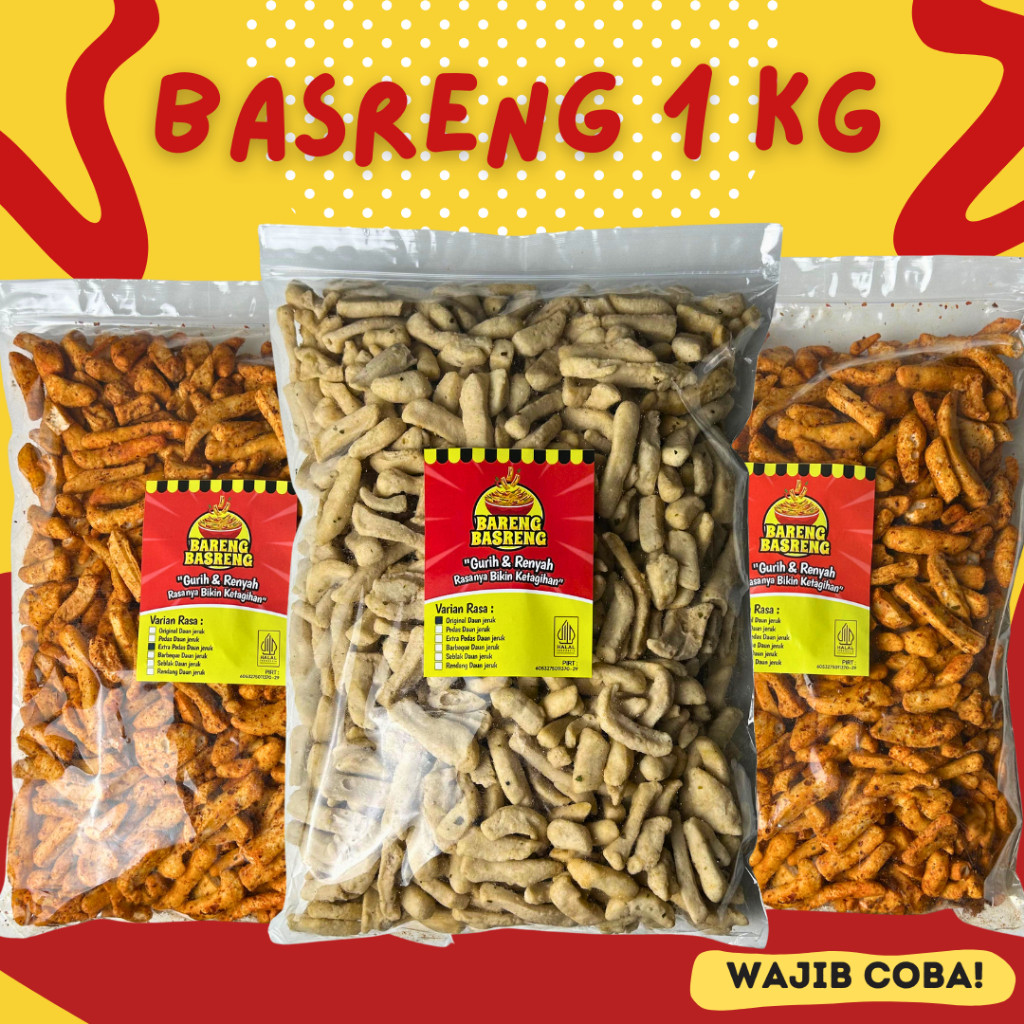 

Basreng 1 kg Original Pedas Daun Jeruk Renyah Gurih Camilan Jajanan Snack Basreng Pedas Daun Jeruk