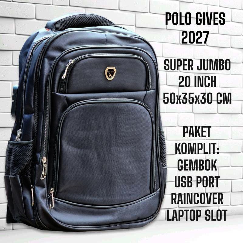Original. Tas Ransel Pria Wanita Jumbo 20 Inch USB Port - Polo Gives