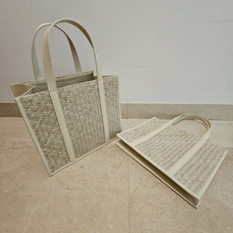 MADARSHOP  Aluna Bag - Tas pandan natural kulit putih, Tas anyaman pandan putih, Tas hampers besar, 