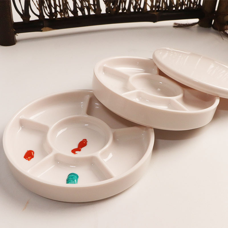 

Round Plastic Palette with Lid Faux Ceramic White Acrylic Empty Watercolor Paintings Portable Color Mixing Palette Paint Tray
