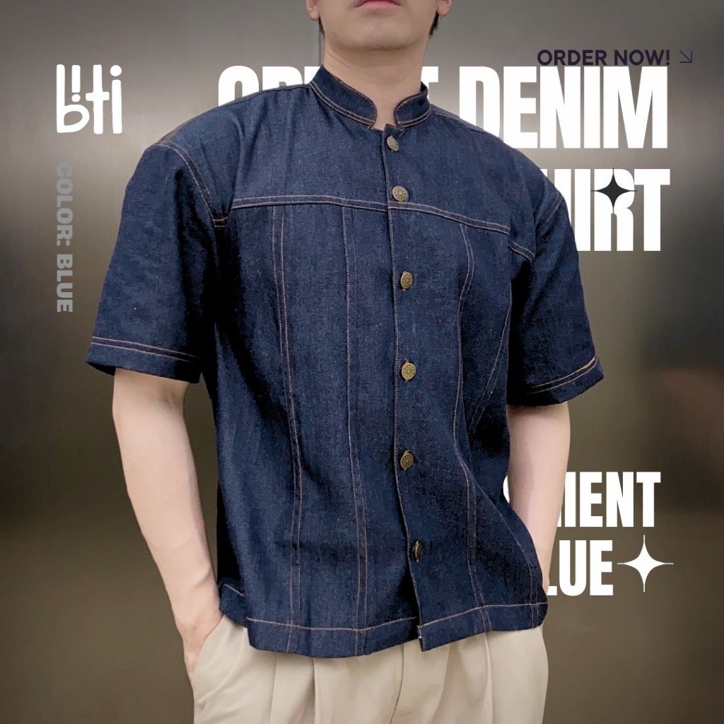 BITI Orient Denim Shirt | Kemeja Outer Koko Denim Jeans Pria Lengan Pendek Kerah Shanghai Oriental