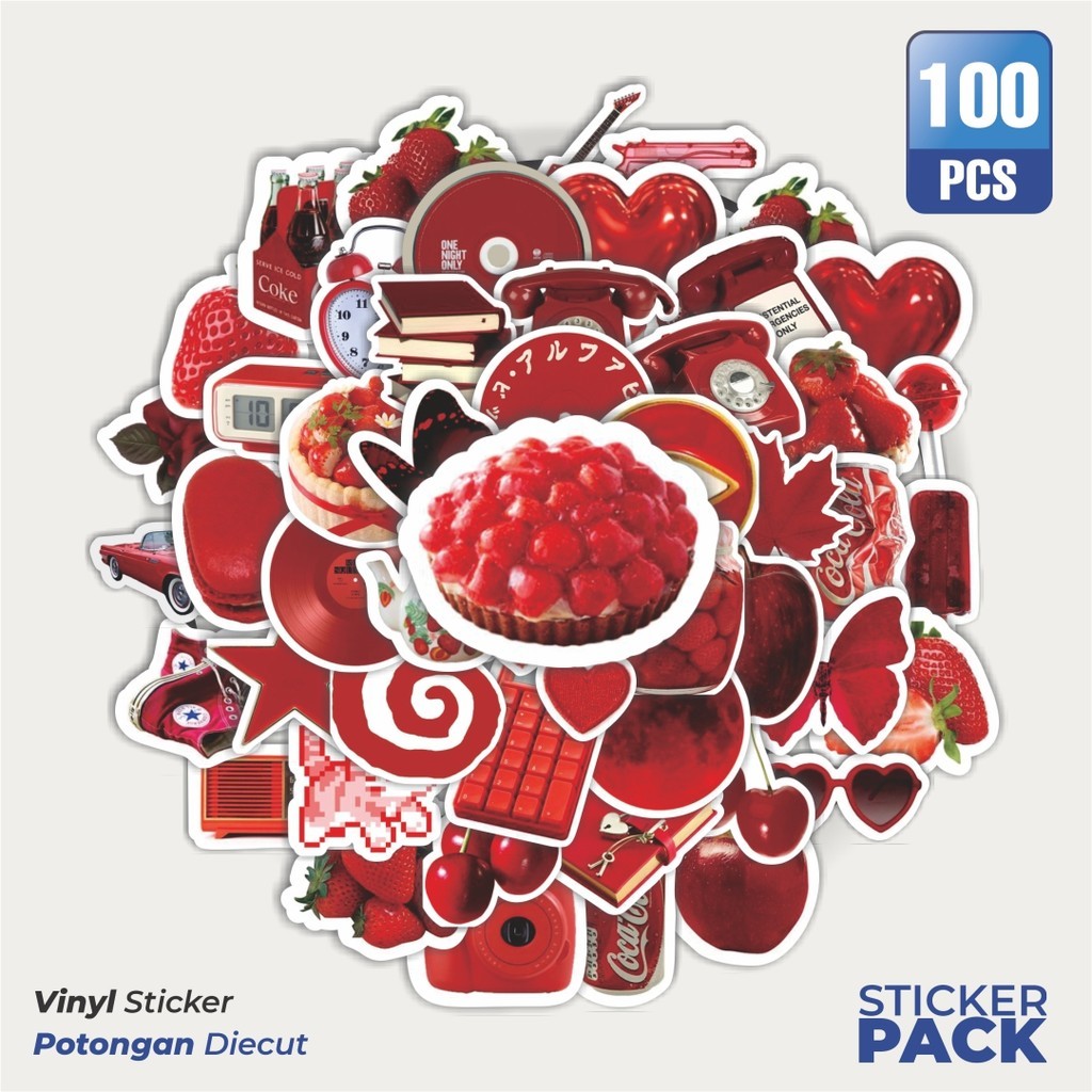 

MURAH 100 PCS Stiker INS Style Red Waterproof Aesthetic- Untuk Laptop, Motor, dan Helm - Paper Stationery Pack