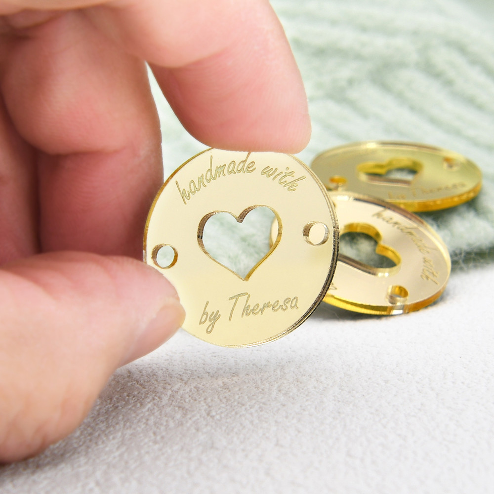 

Engraved Buttons, Personalised Mirrored Acrylic Tags, For Knitting, Crafters Product Labels, Name Labels, Handmade Tags, D1707