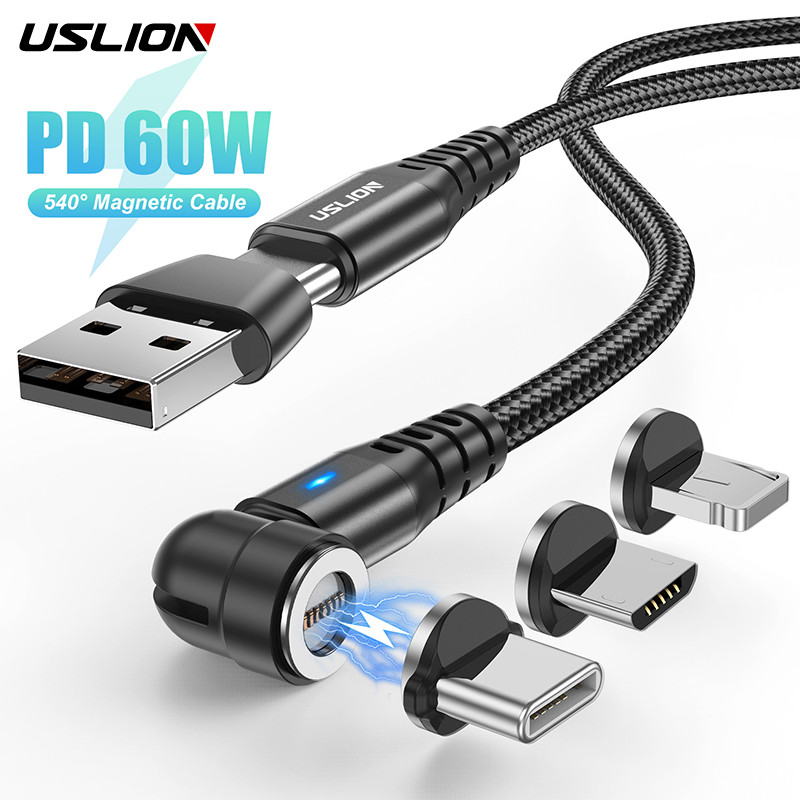 USLION PD 60W 540 Rotate Magnetic Cable Micro USB C to Type C Cable 5A Fast Charging Phone Cable For