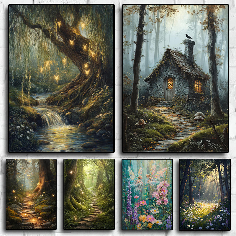 

Vintage Enchanted Willow Tree Whispering Fairies Forest Nature Landscape Poster Canvas Painting Wall Art Pictures Home Decor