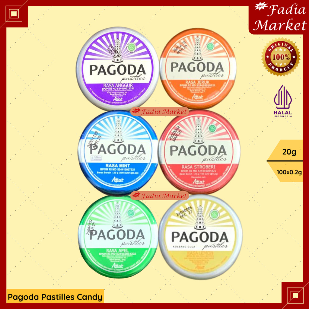 

Pagoda Pastilles Permen Kayu Putih Kaleng Orange Jeruk Grape Anggur Lemon Mint Strawberry Apple Apel 100 Butir 100x0.2g