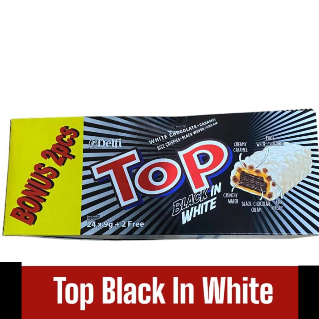 

TOP Black in White – Cokelat Putih Isi Wafer Hitam, Karamel & Krim Cokelat (24 x 9g + 2 Gratis)