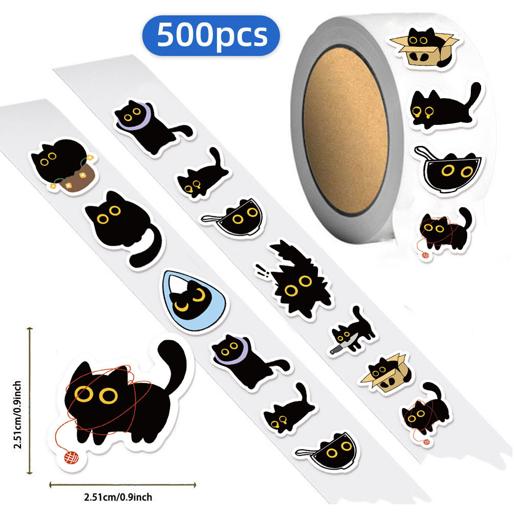 

500PCS Ten Different Patterns Black Cat Roll Stickers Small Pattern Decoration DIY Luggage Skateboard Water Cup Stickers