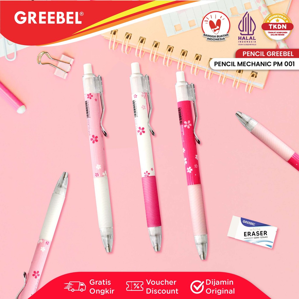 

GREEBEL Pensil Mekanik PM-001 Sakura (1PCS) / Mechanical Pencil Penghapus / Propelling Pencil Mechanic