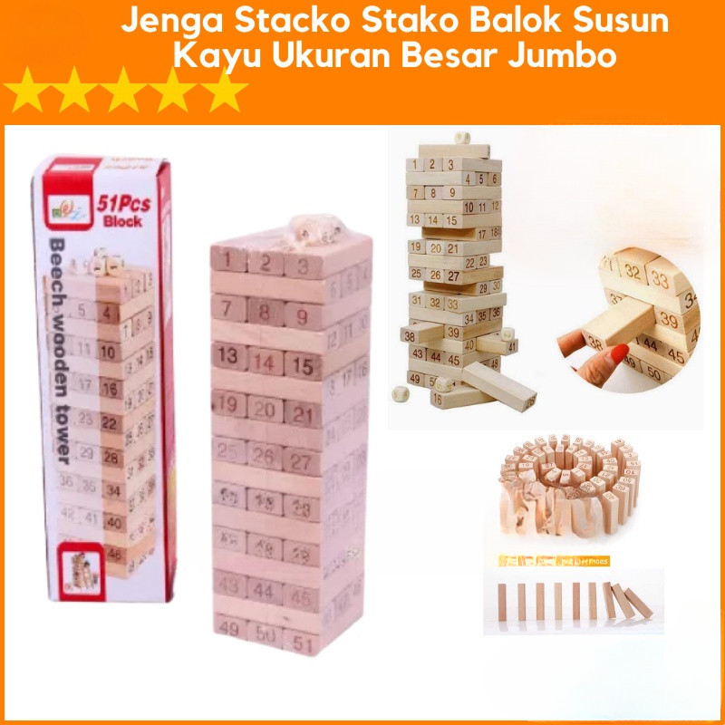 Balok Susun Kayu Ukuran Besar Jumbo Halus Mainan Ketangkasan 30Cm 51 Balok 4 Dadu
