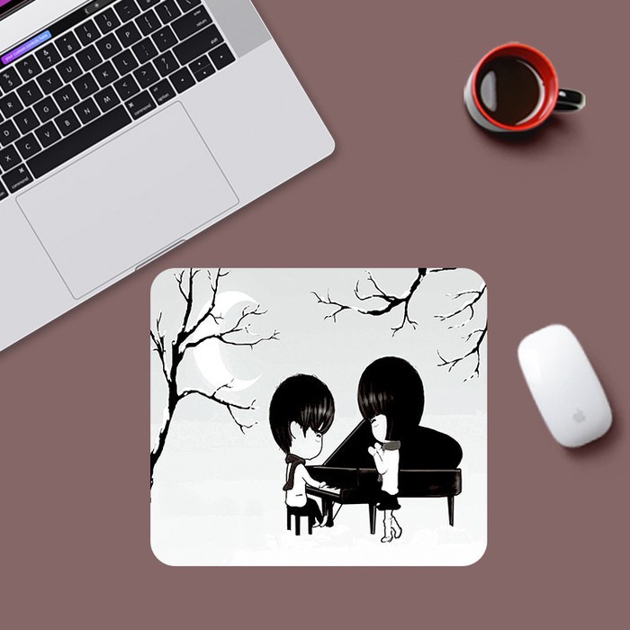 Mouse Pad Laptop / Alas / Tatakan Tetikus Motif Gambar Sepasang Anak dan Grand Piano Hitam Putih