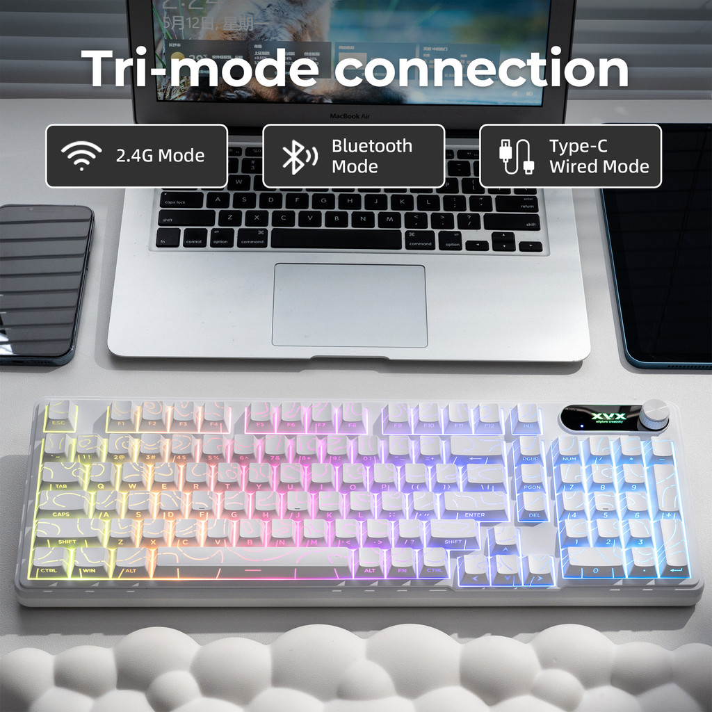 XVX K98 Membrane Keyboard Wireless Tri-Mode 16 Million RGB Mechanical-Feel Topographic Keyboard Quie