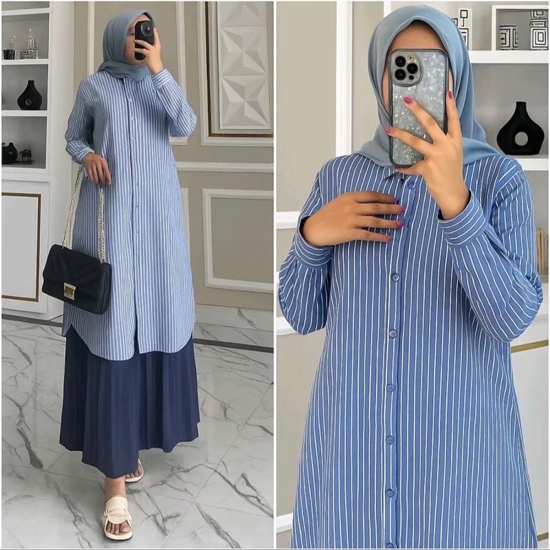 Amara Stripe Long Tunik | Tunik Harian Muslim Wanita Remaja Dewasa Motif Salur Minimalis Kekinian Ba
