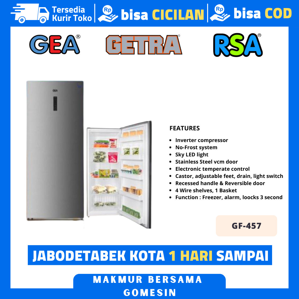 Kulkas 1 Pintu Gea Gf 457 Upright Freezer Inverter Garansi Resmi