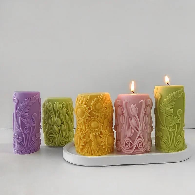 

3D Relief Flower Cylinder Candle Silicone Mold DIY Tulip Flower Cylinder Crafts Resin Plaster Clay Mold Home Decoration Art